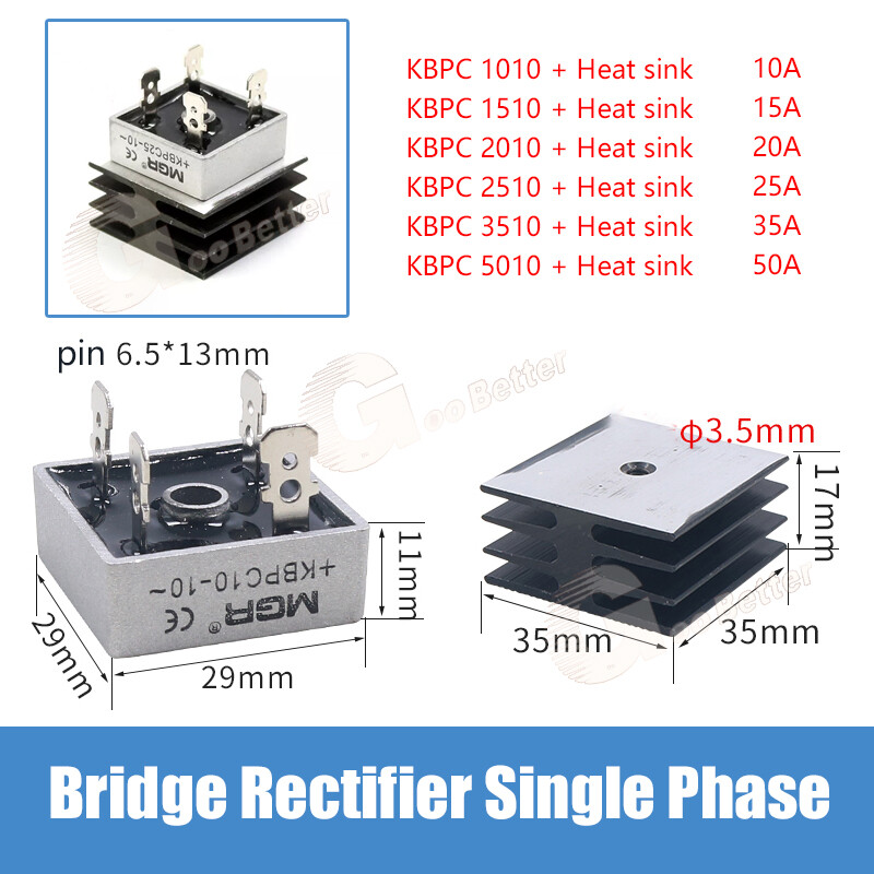 Bridge Rectifier Single Phase KBPC1010-5010 With Heat Sink AC to DC 1000V 10-50A