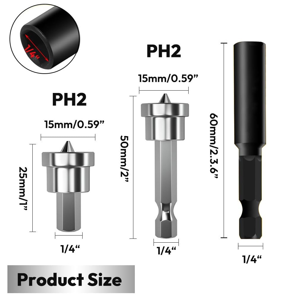 10pcs Drywall Screw Depth Setter PH2 Magnetic Positioning Screwdriver Bits 1/4