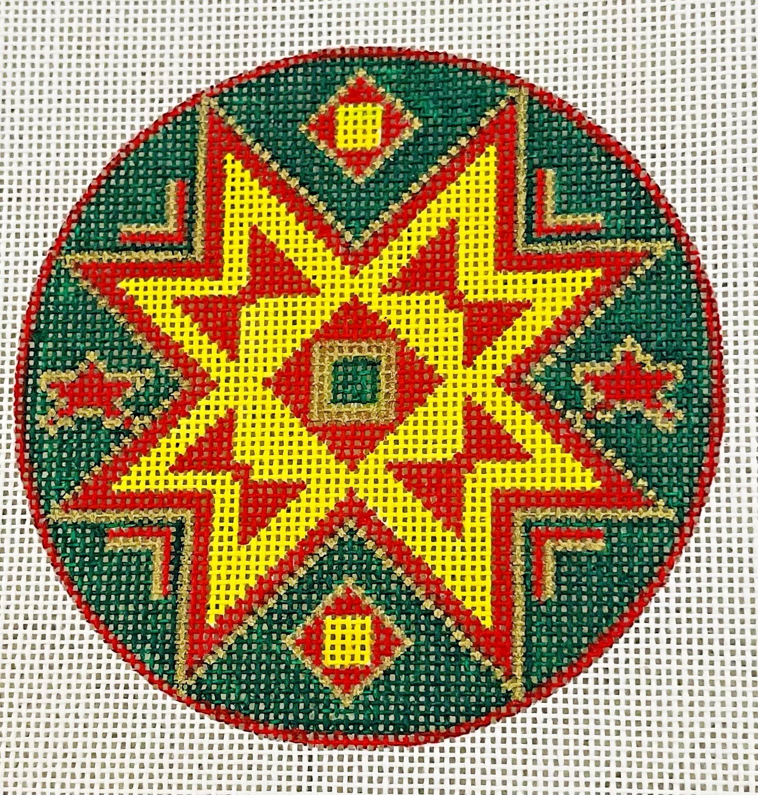Needlepoint Hand Painted Canvas Ornament Geometric 18 Mesh 4” Holiday Christmas
