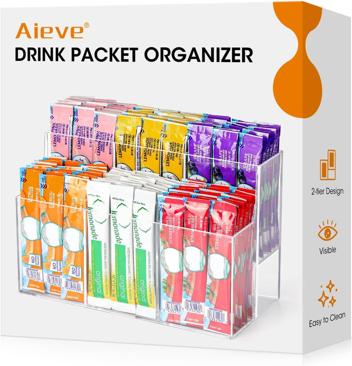 Drink Packet Organizer, 2-Tier Water Flavor Packet Holder for Pantry Storage, Ac