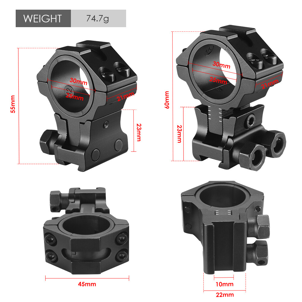 2Pcs 1"/30mm Adjustable Height Scope Ring Mount for 11mm Rail Dovetail Riser