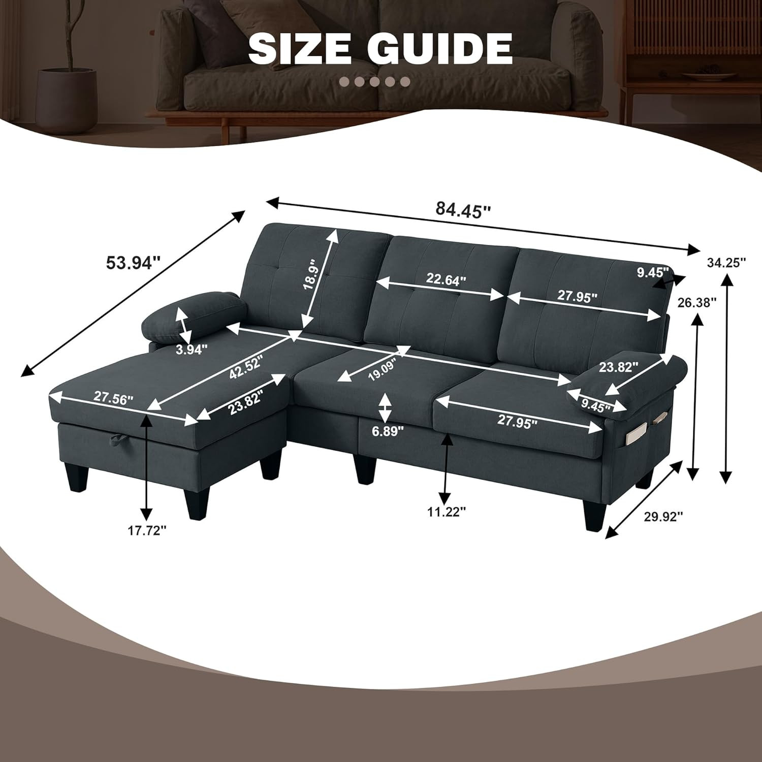85" L-Shaped Convertible Sofa with Storage Ottoman in Dark Grey