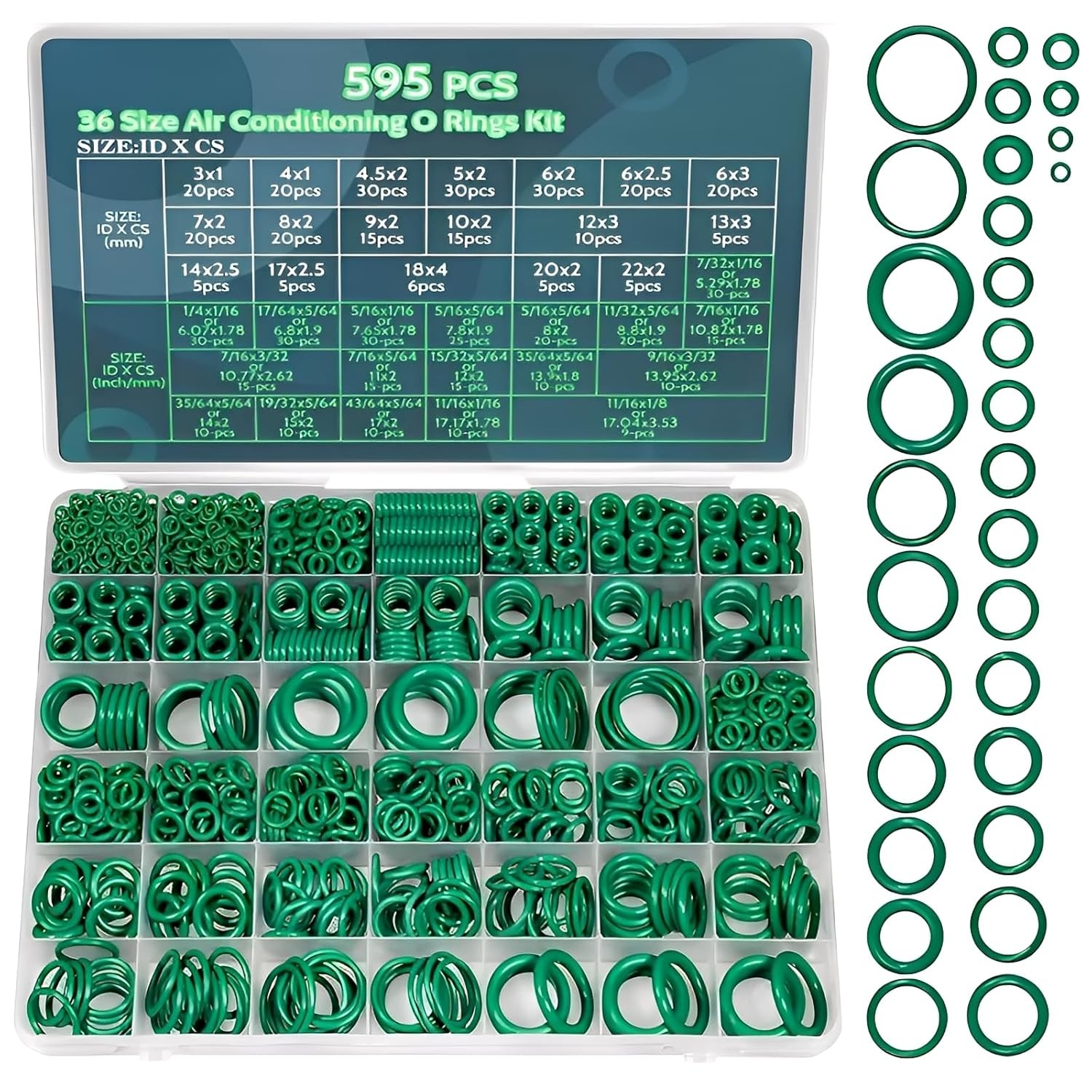 595Pcs of 36 Varieties Metric and SAE Air Conditioning O-Ring Seal Kit in...