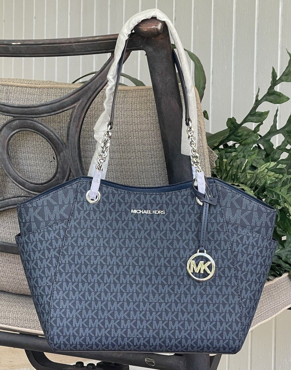 MICHAEL KORS JET SET TRAVEL LARGE CHAIN SHOULDER TOTE BAG MK NAVY BLUE SILVER