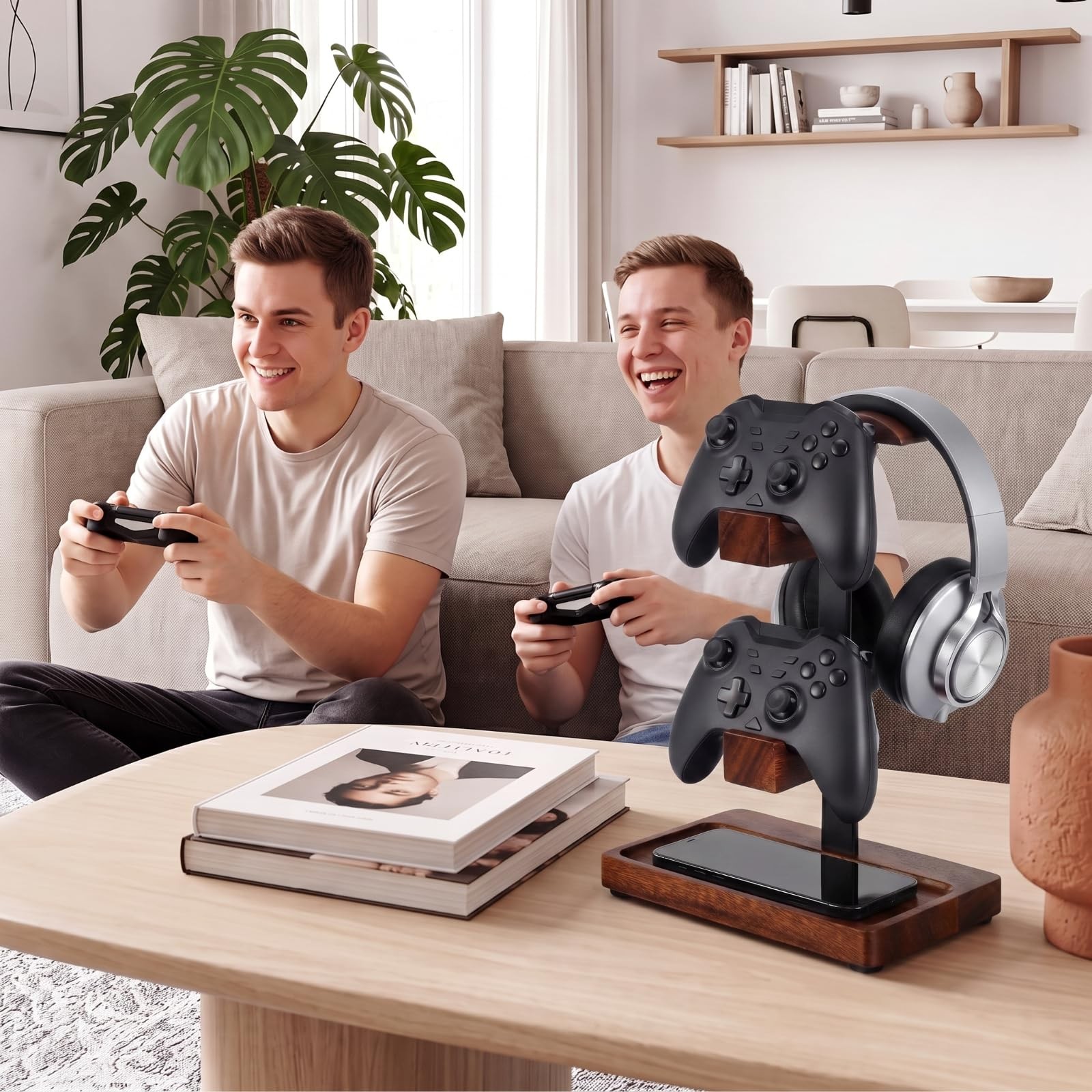Fiwochic Headphone Stand with Controller Holder, Gaming Headset Deep Walnut