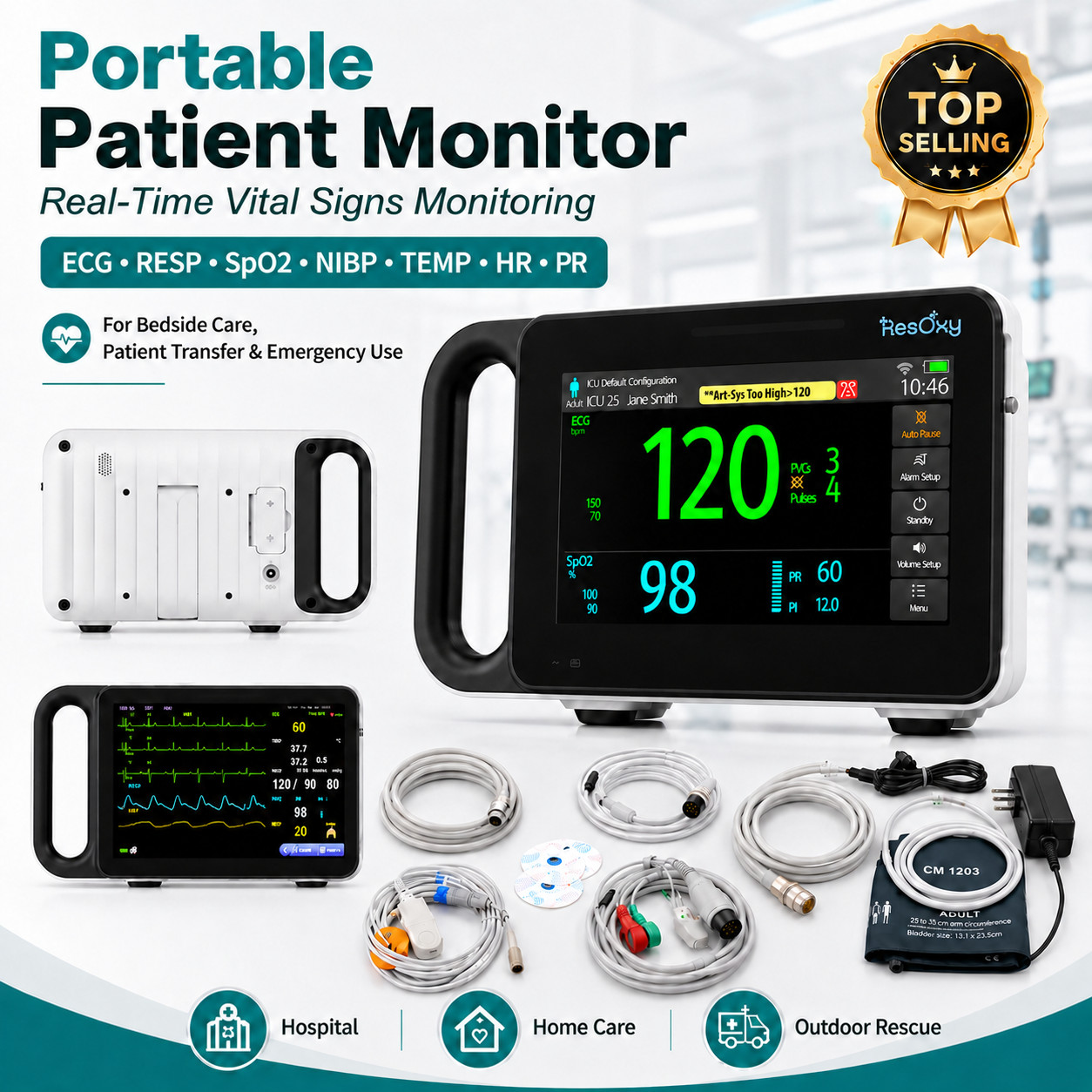7" Patient Monitor ICU CCU Vital Signs Monitor ECG/NIBP/TEMP/RESP/SPO2/PR