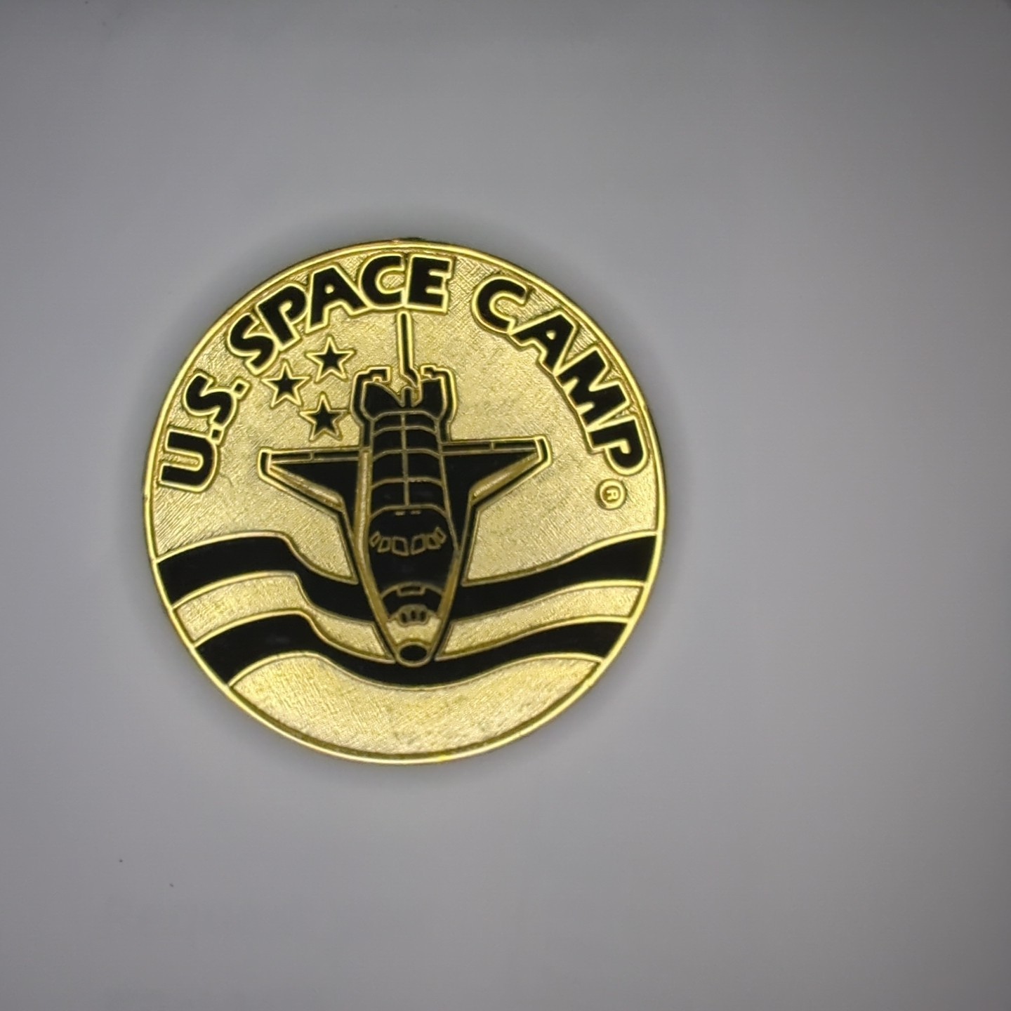 Vintage U.S. Space Camp Magnet 1.9 inch Round metal NASA Gold Black