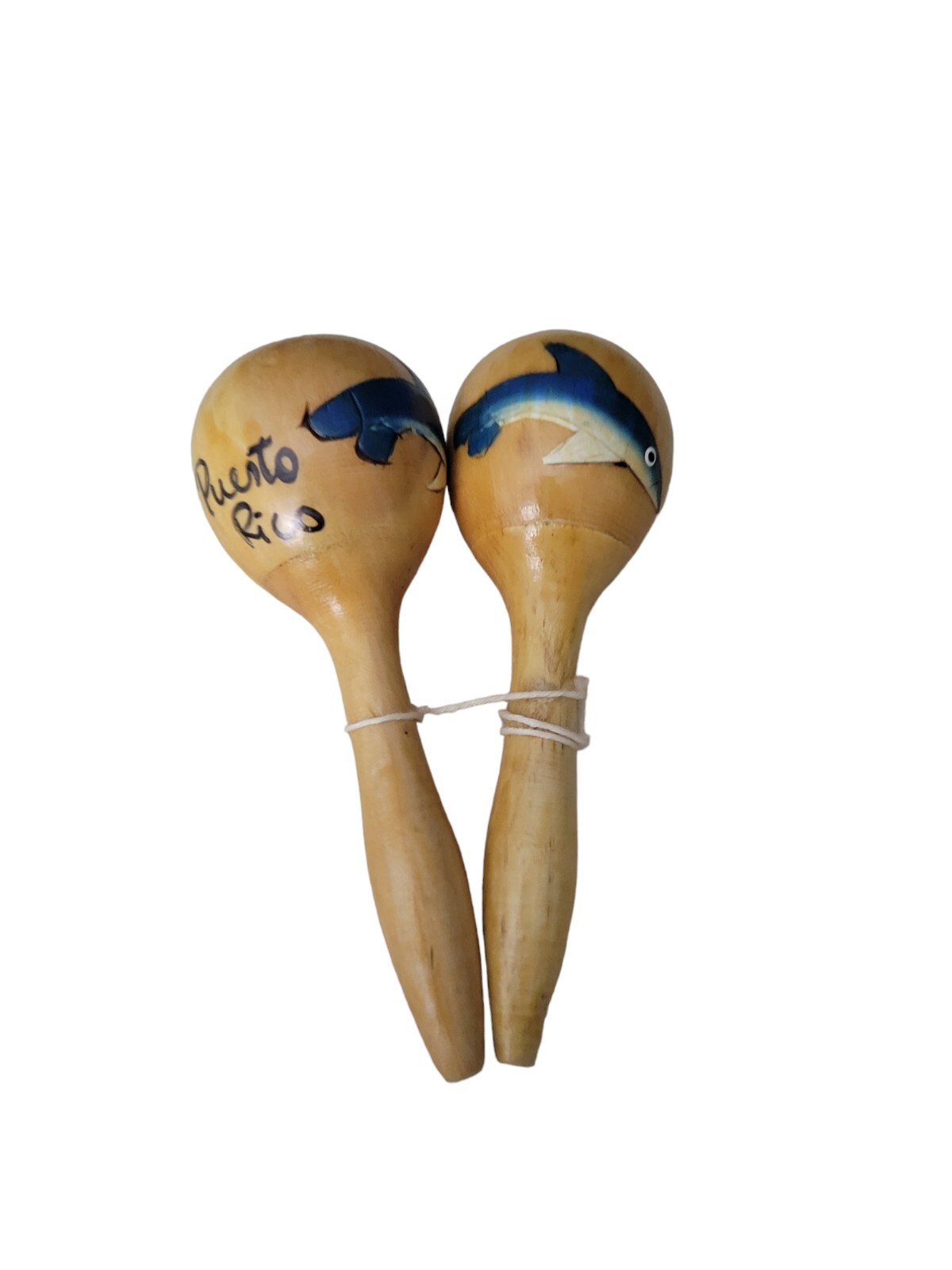 Vintage Wooden Puerto Rico Maracas Dolphin Seaweed Design Souvenir Unique 5"