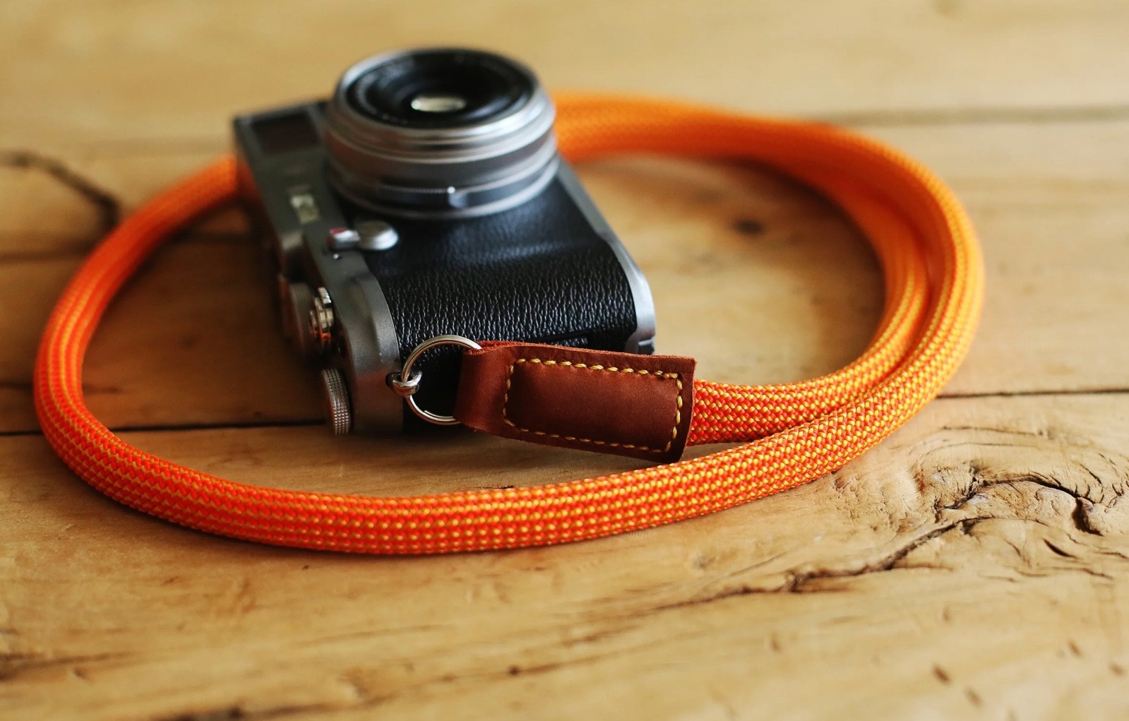 Handmade camera neck shoulder strap orange strong climbing rope