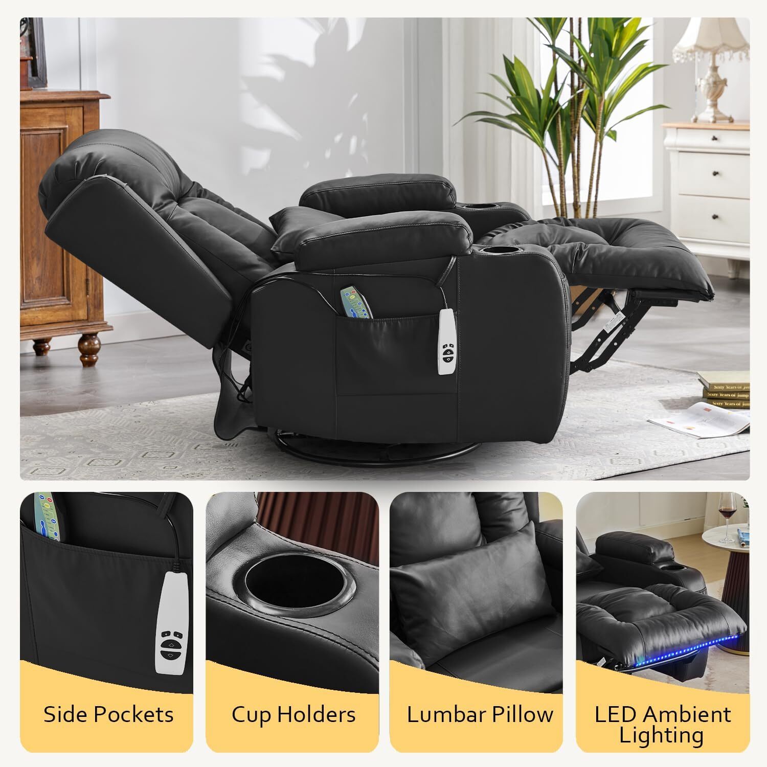Power Swivel Recliner Chair Rocker Recliner Sofa with LED Light Massage and Heat