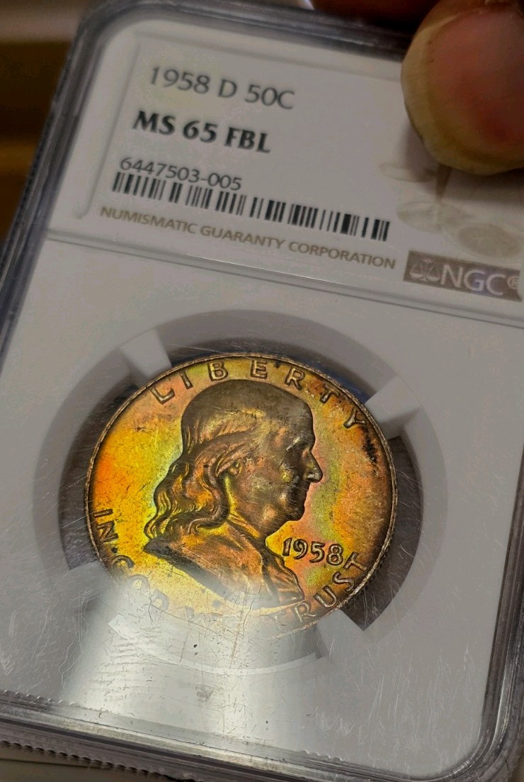 1958 D Franklin Half Dollar NGC MS65FBL Bright Rainbow Toned  Color Toning