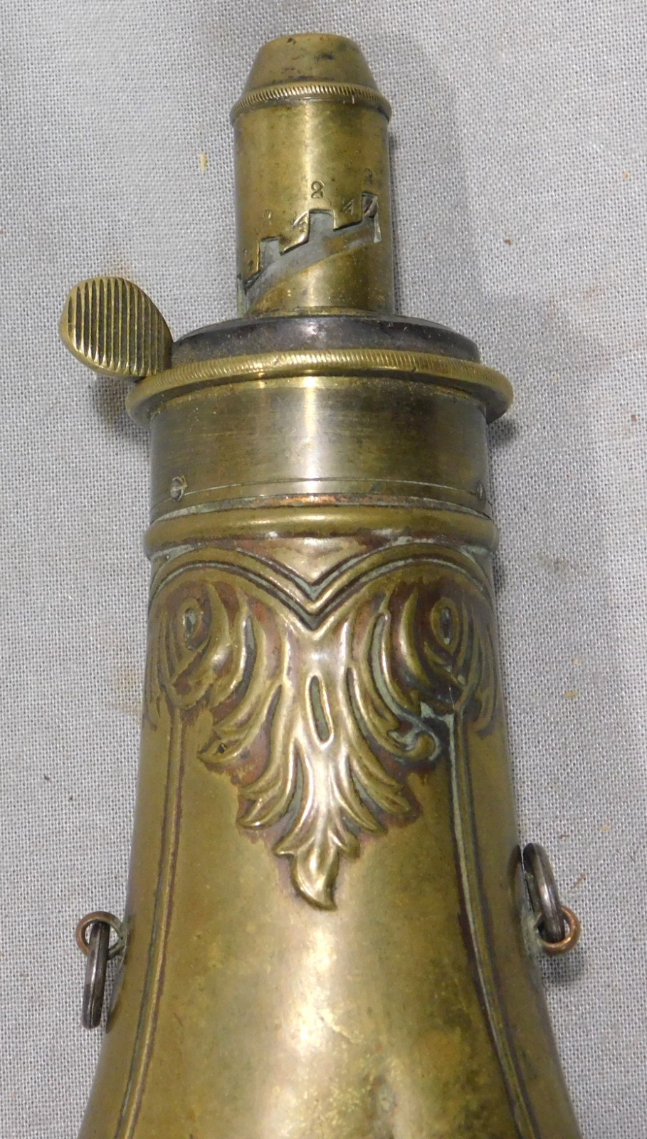 Antique Frary Benham & Co Brass Black Powder Flask Shell Pattern 1850 Adjustable