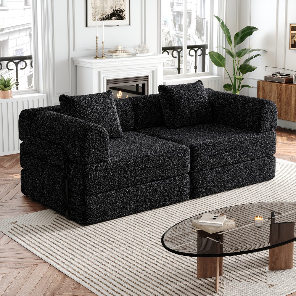 72.4" Convertible Sofa Bed w/ Storage Pockets, Black Chenille Fabric