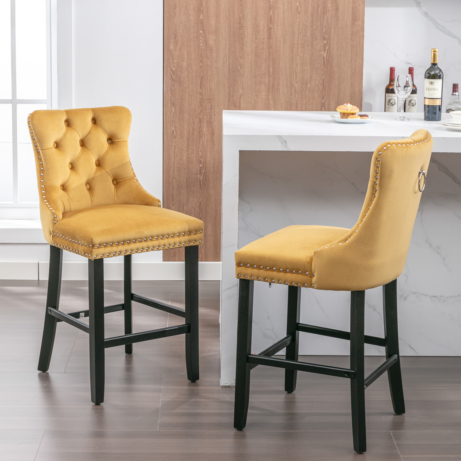 Set of 2 27.2In Height Bar Stool Velvet Barstools Kitchen Pub Dining Chairs Gold