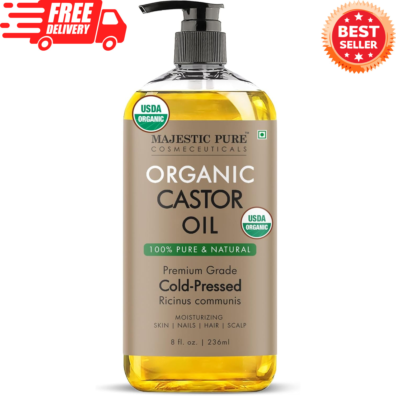 Pure USDA Organic Castor Oil - 100% Pure & Natural - Premium Grade, Cold Pressed