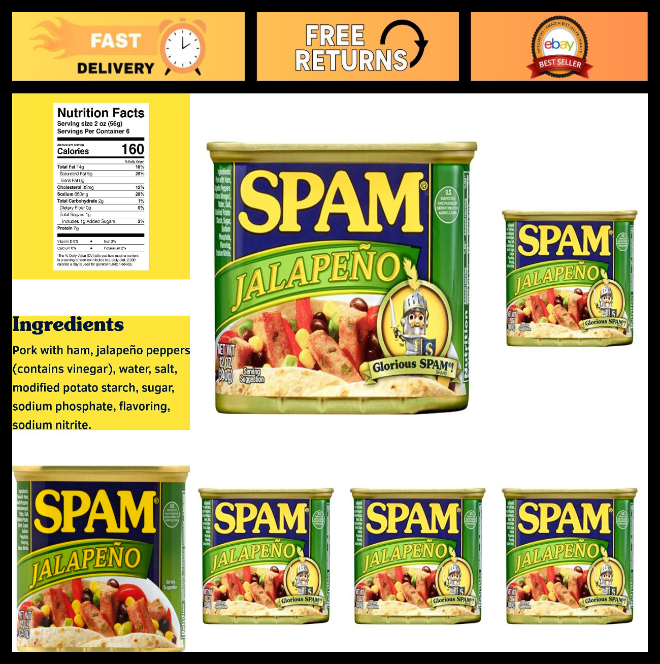 Spicy Jalapeño Spam, 12oz Can - Pack of 5, Perfect for Snacks & Recipes