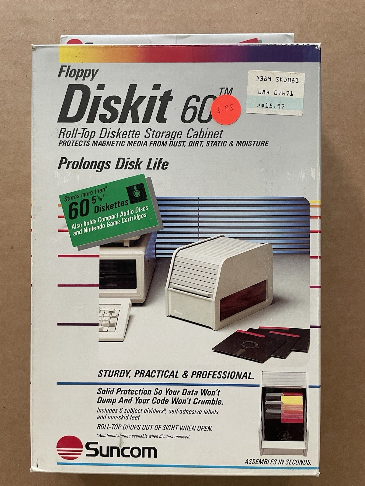 Vintage SUNCOM Floppy Diskit 60 Roll-Top Diskette Storage Cabinet w/ Box NOS