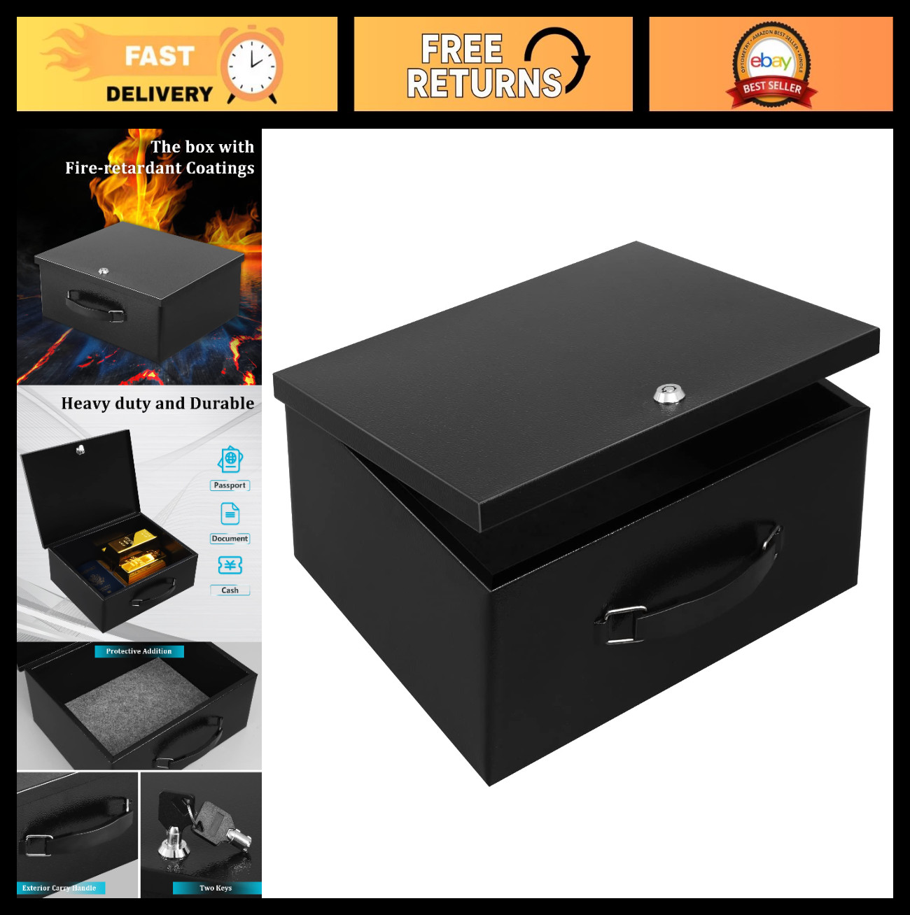 Fire Resistant Document Safe Box with Key Lock - Protects Cash & Valuables, 13.2