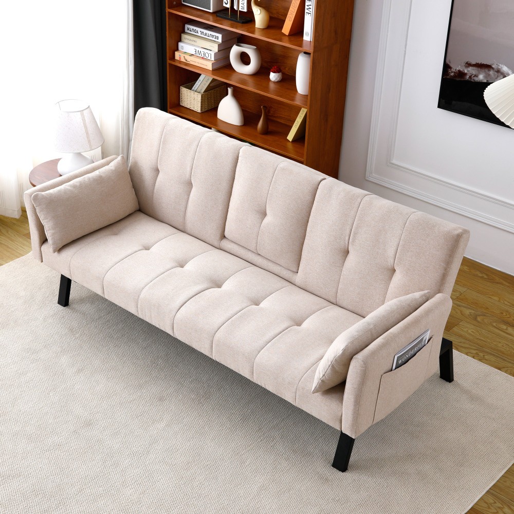 70" Cotton Linen Sofa Bed, Foldable Sofa w/Cup Holder& Storage,Multi-Functional
