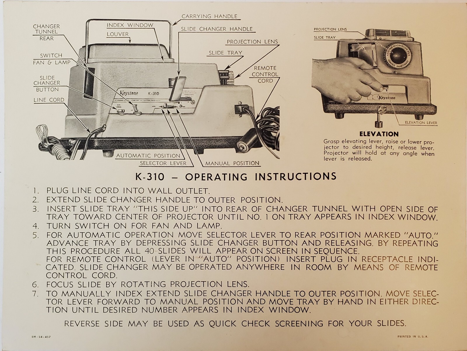 Vintage Keystone K-310 Slide Projector OPERATING INSTRUCTIONS