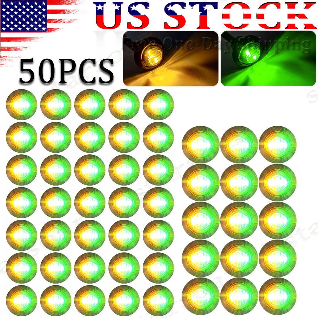 50x Dual Color LED Marker Lights 3/4" Round Amber/Green Bullet Light Trailer 12V