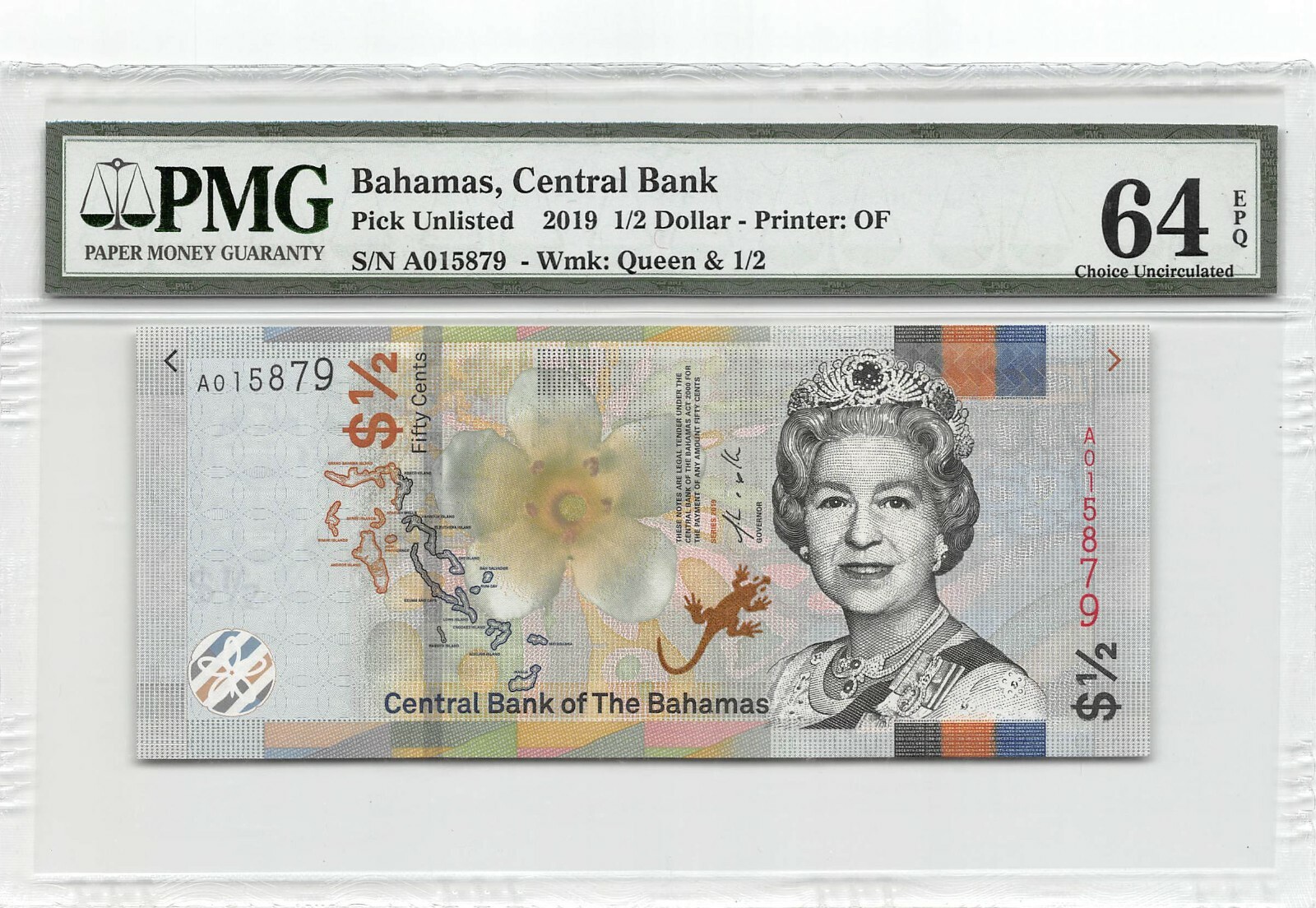 Bahamas  $ 1/2  P NL  Series  2019 A   PMG 64 EPQ