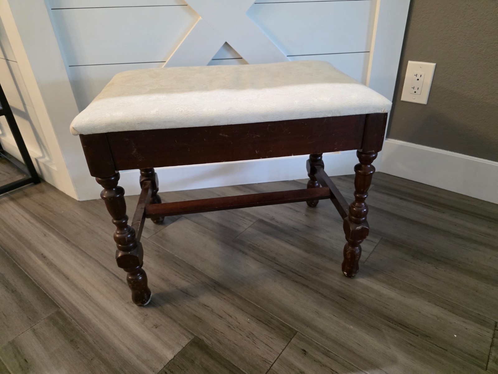 Vintage French Country Brown Bench w White Fabric