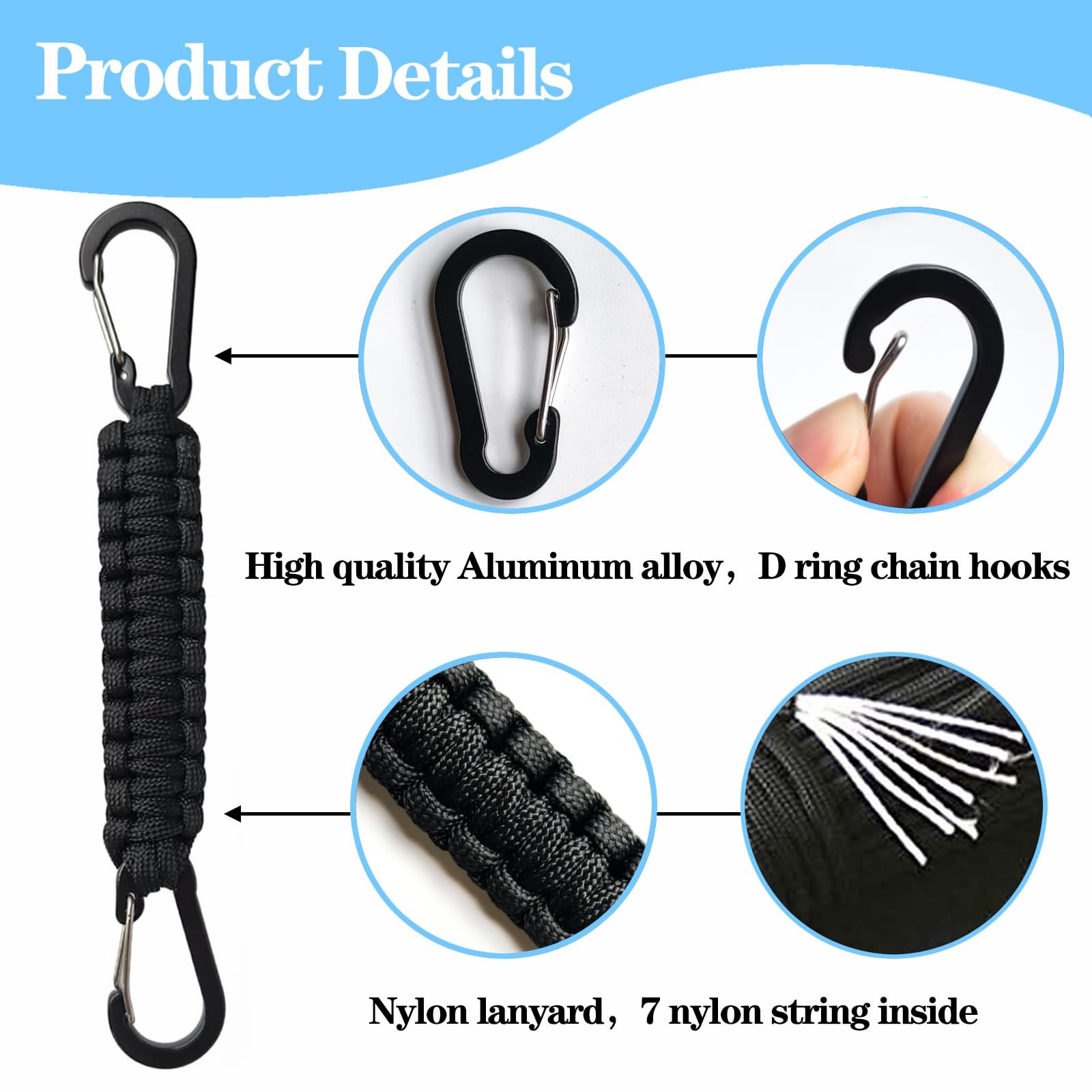 3-Pcs Paracord Keychain Carabiner Clip, D Ring Lanyard 7.9 inches, Black