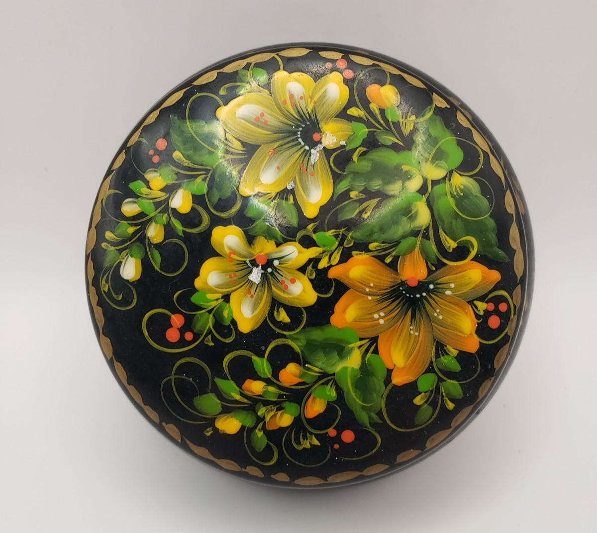 Miniature Wood Handpainted Trinket Box Made In Ukraine  3 1/4" Florals