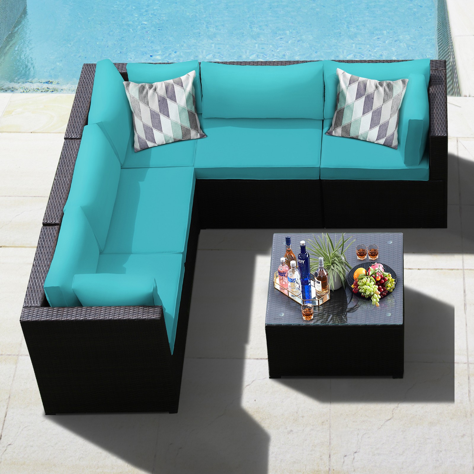 6PCS Rattan Patio Sectional Sofa Conversation Set Outdoor w/ Turquoise Cushions
