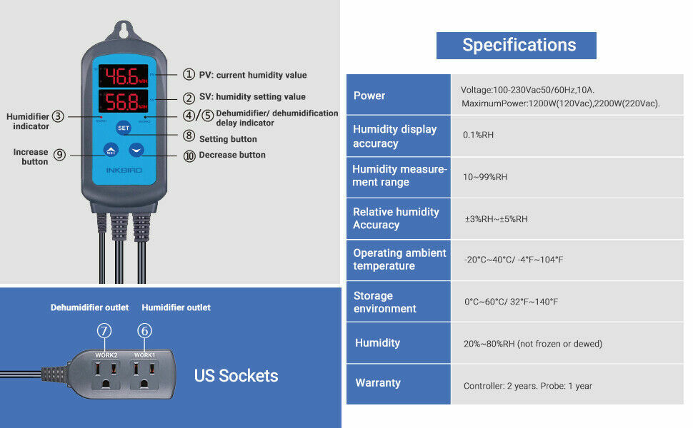 Inkbird Digital WiFi Thermostats ITC-308 Humidity Controller Humidifier IHC-200