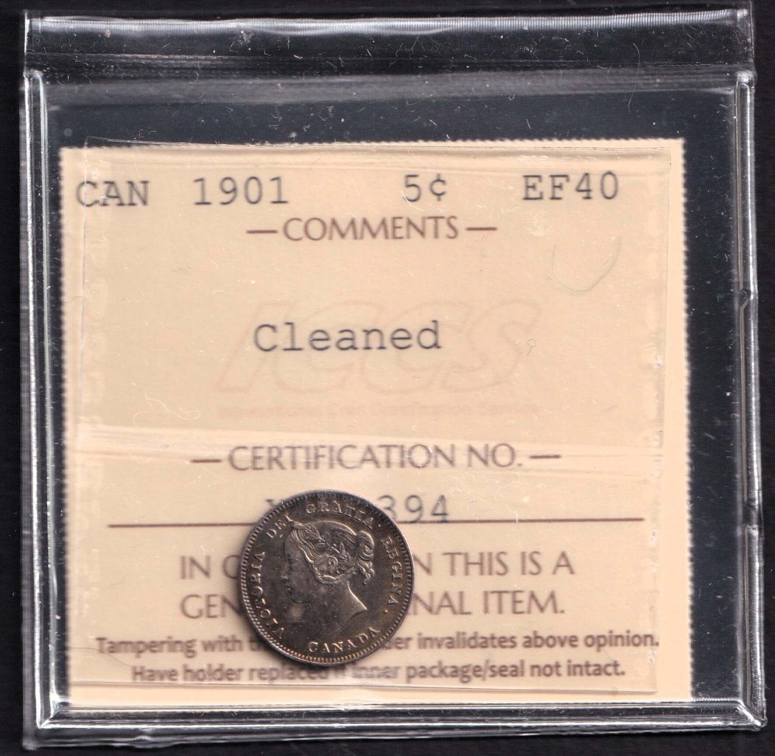 Canada 1901 5 Cent Silver Nickel ICCS Certified EF-40 .925 Silver