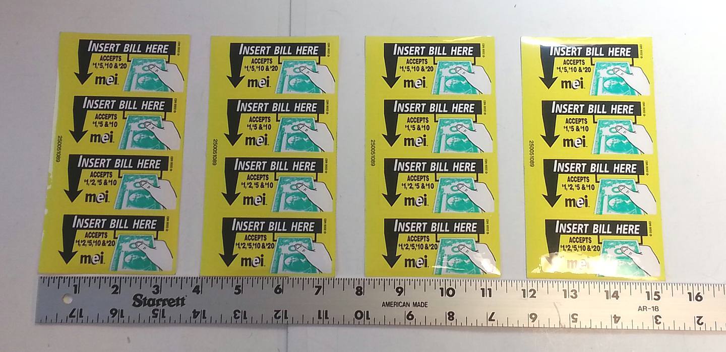 Mars MEI yellow decal label sets for bill acceptor validators, qty 4 for 1 price