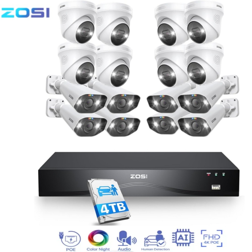 ZOSI 16CH 4K 8MP POE Security Camera System NVR 4TB Audio AI Car Detect H.265+
