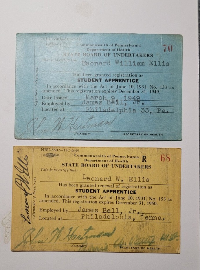 Vintage 1949/50 State Board Of  Undertakers Student Apprentice Registration