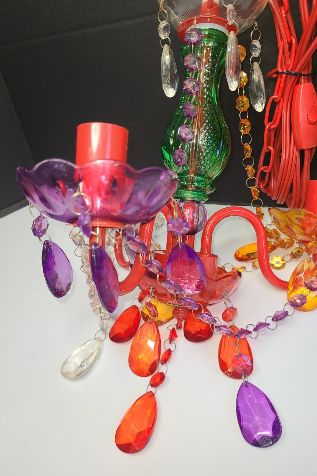 Multicolor 3 Light Chandelier Acrylic Crystal Glass Central Stem Plug In
