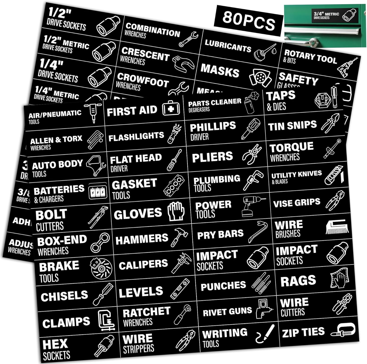 Magnetic Toolbox Labels, 80 Pcs Tool Chest Drawer Organizer with Icons, Strong