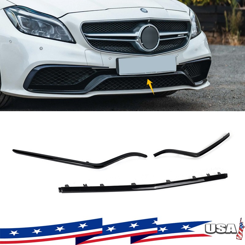 3Pcs Gloss Black Front Bumper Molding Trim For 2015-21 Benz W205 C63 Sport CLS63