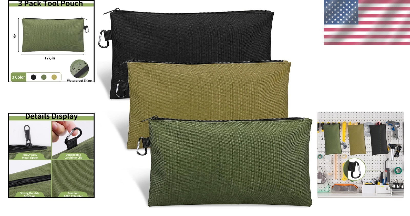 Moisture-Resistant 3 Pack Tool Pouches - Organizers in Three Colors