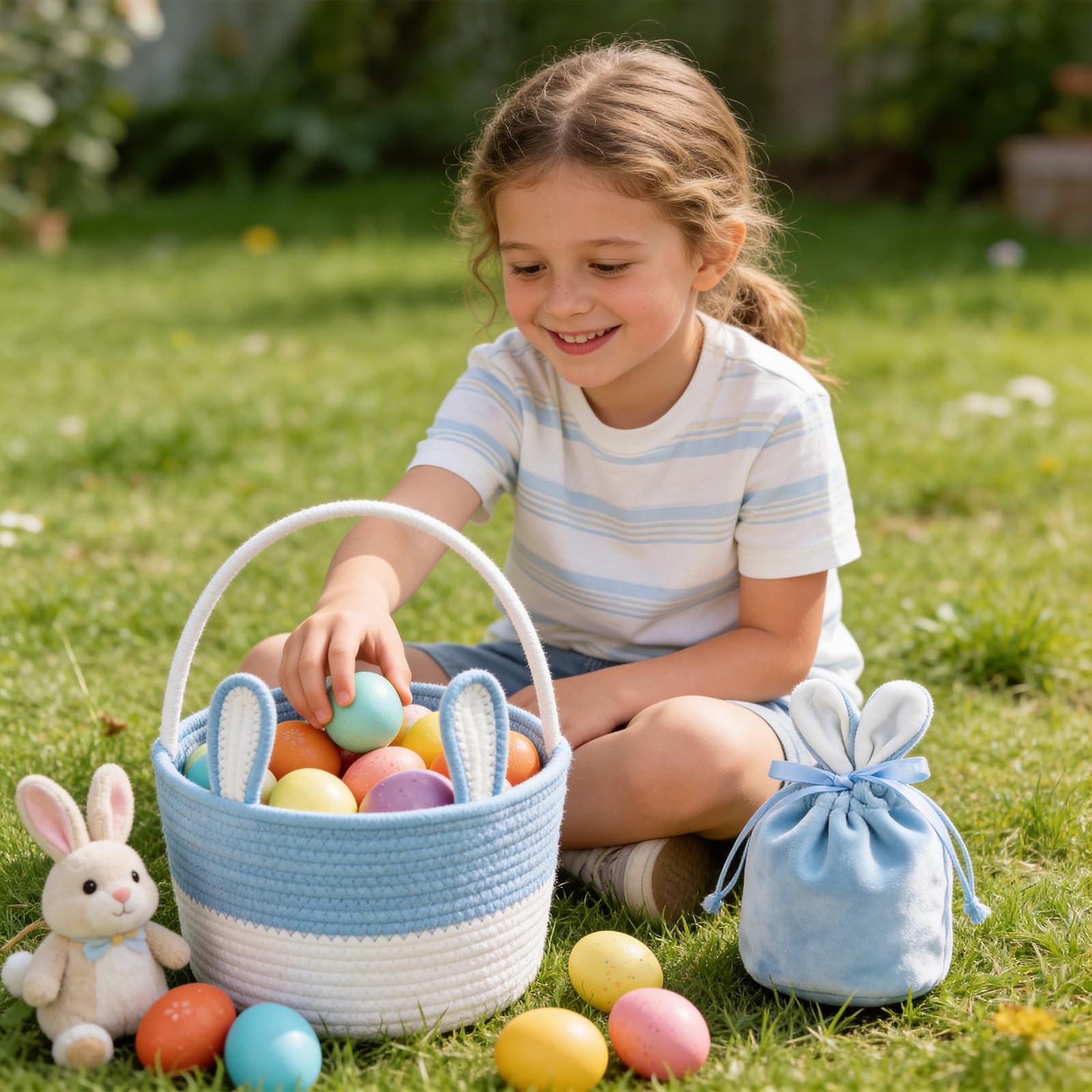 Blue White Cotton Rope Easter Bunny Basket Empty With Handle Velvet Drawstring