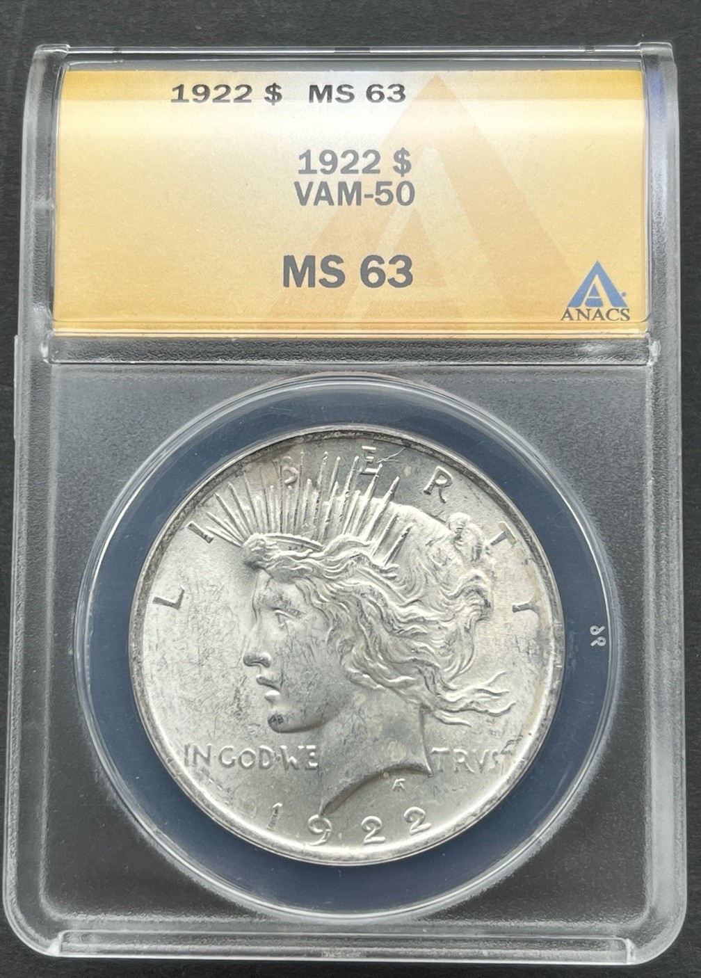 1922 Peace Silver Dollar ANACS MS63 VAM-50