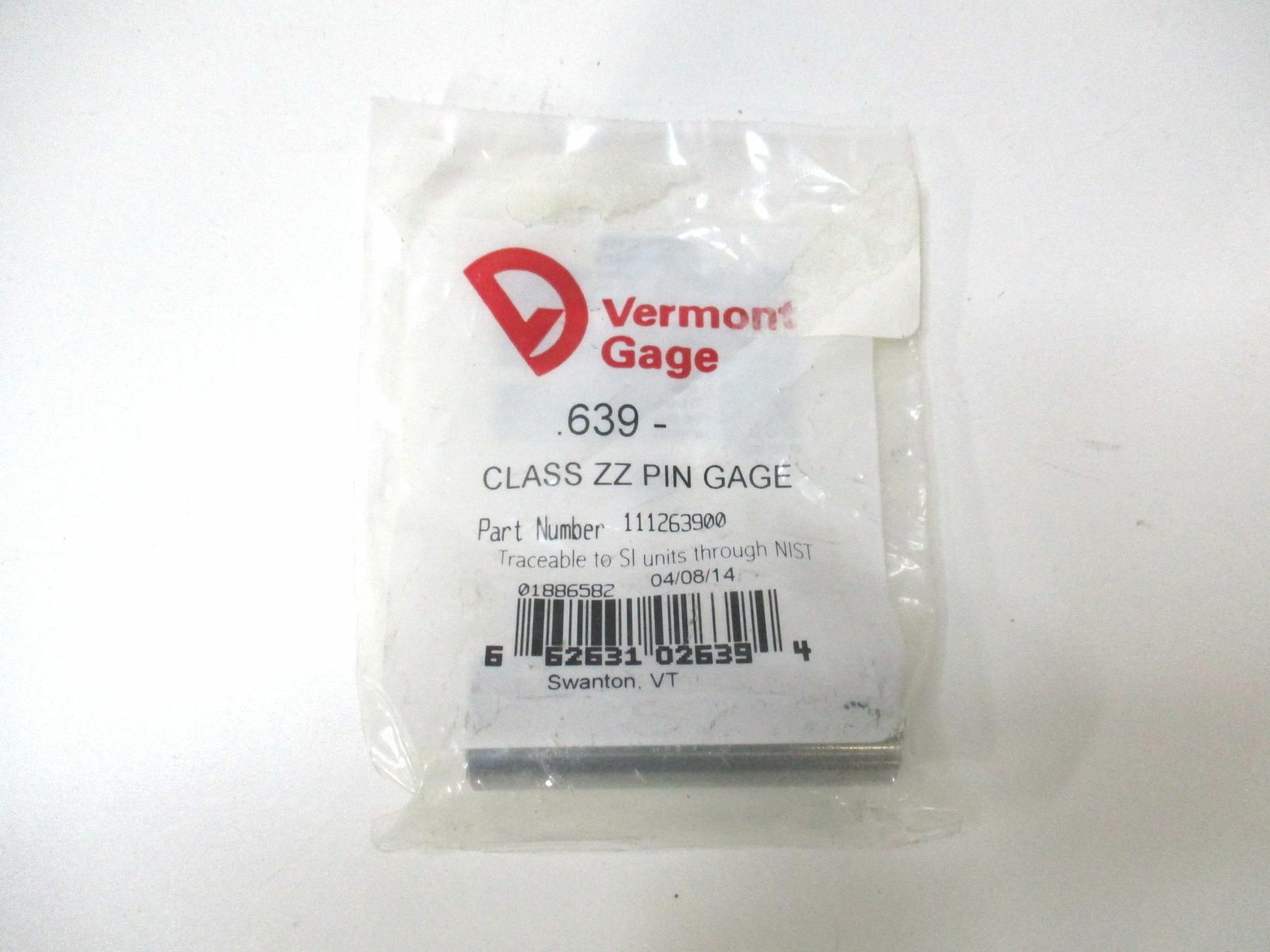 Vermont Gage (111263900) 0.639" Tolerance Class ZZ Tool Steel No-Go Pin Gage