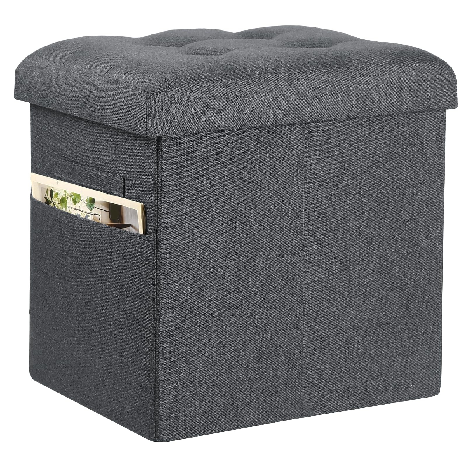 Storage Ottoman Foot Rest Stool 61L Slim Tall Foldable Linen 17x13x17 Gray