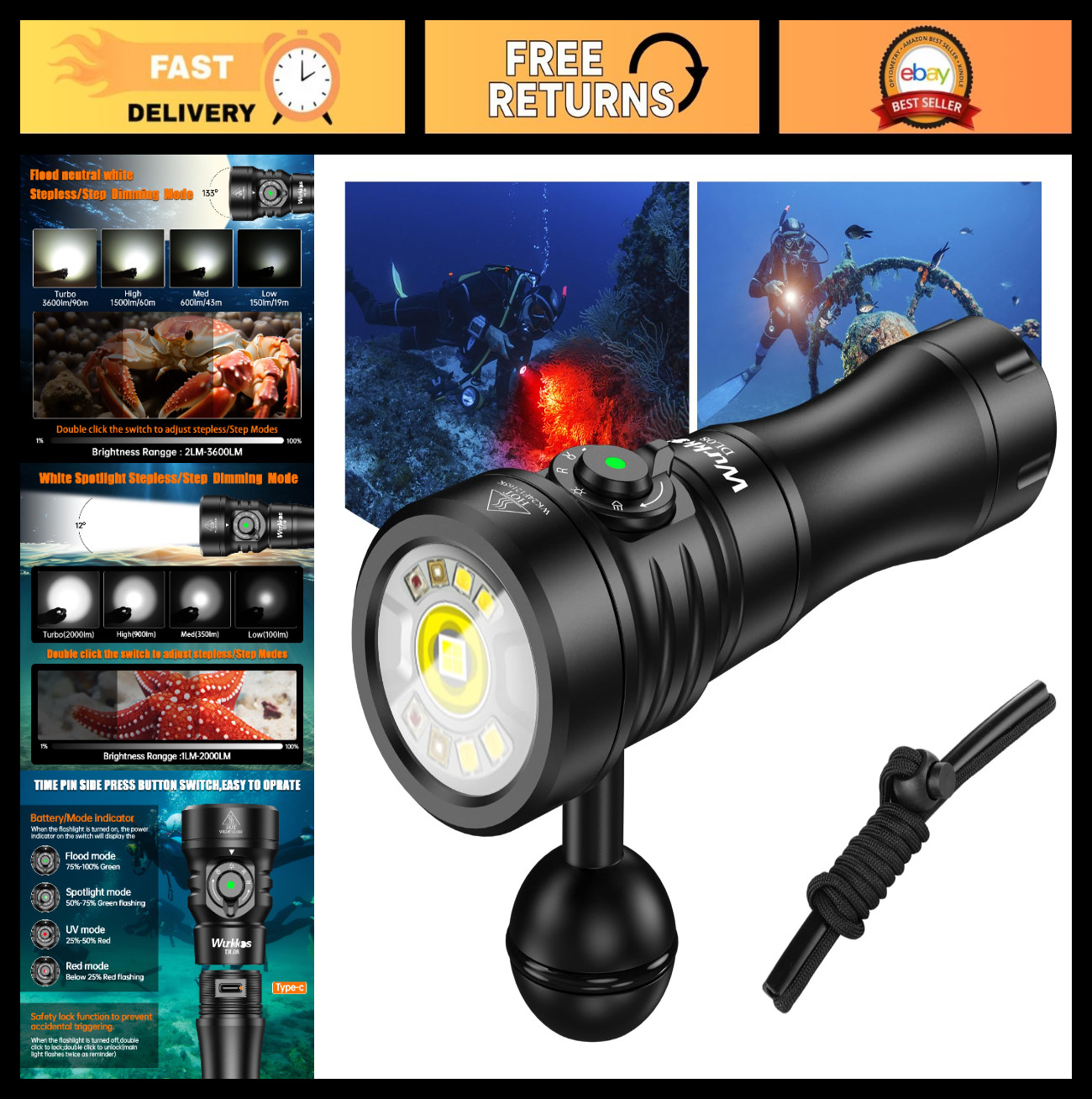 3600 Lumens Rechargeable Dive Light - IP68 Waterproof Scuba Light with Red & UV