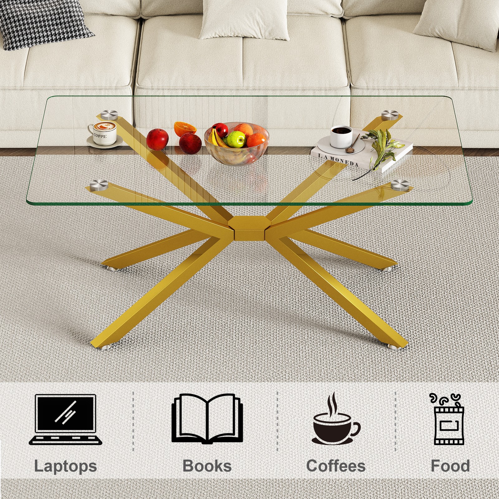 39.37" Rectangular Clear Tempered Glass Coffee Table,Stylish Design with Gold