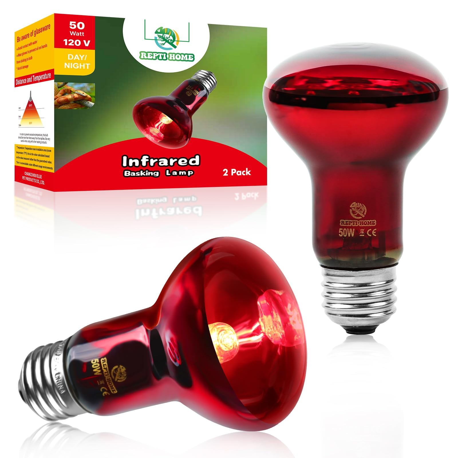 REPTI HOME Infrared Reptile Heat Lamp Bulbs,2 PCS 50W Red Bulb 50w-2pcs