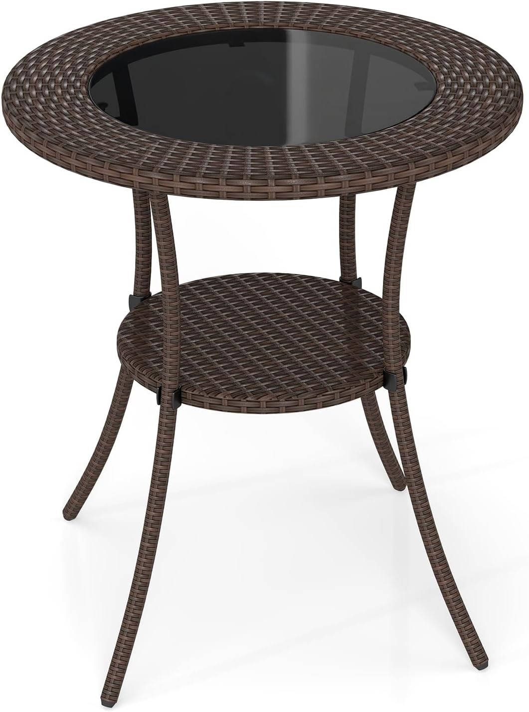 25.5" Wicker Patio Dining Table Outdoor Round Bistro Side Table W/ Tempered