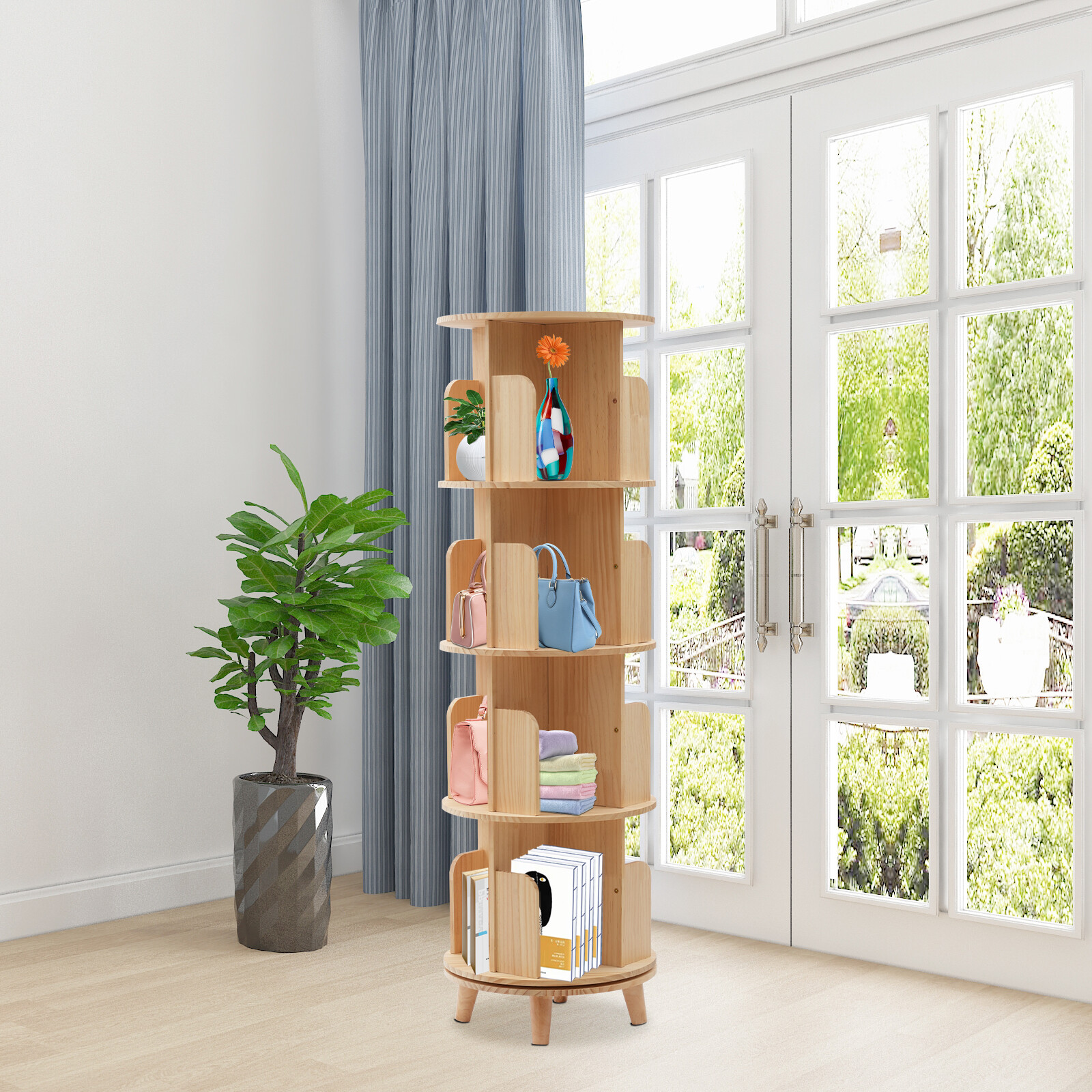 4-Tiers Rotating Bookshelf Bookcase Storage Rack Bookshelf Floor Standing