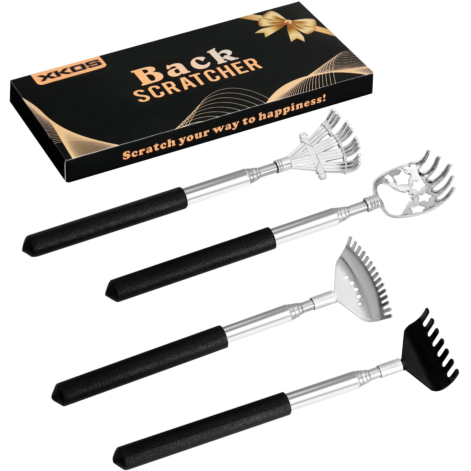 XKOS 4-Pack Telescoping Back Scratcher with Rubber Handles & Box Black