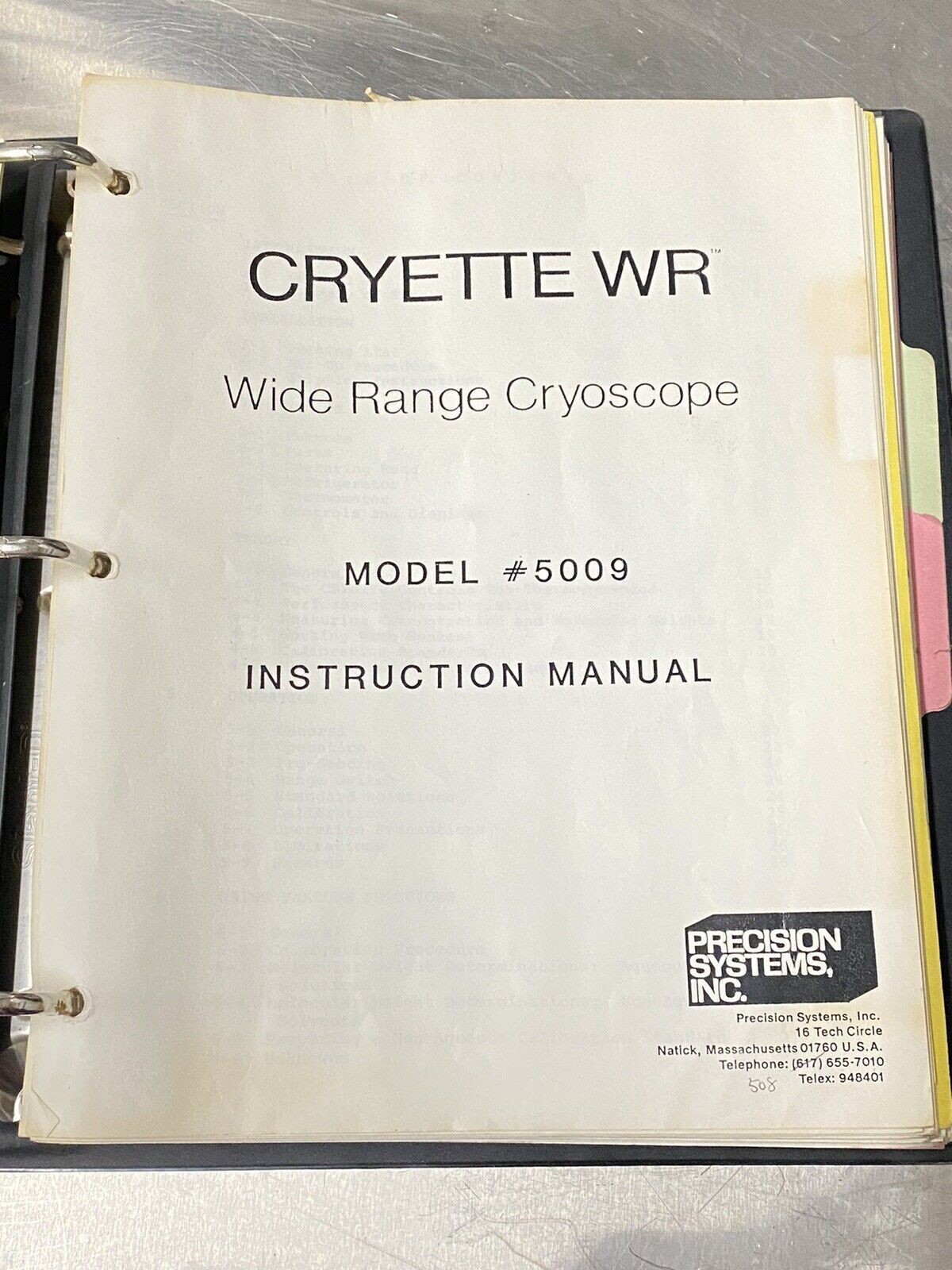 Precision Systems Inc Cryette WR Wide Range Cryoscope 5009- Users Guide / Manual